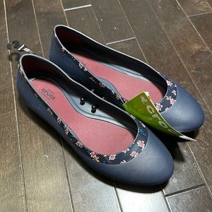 Navy Blue Crocs Iconic Comfort “Lina” Flats, US 8, EUR 38-39, UK 6 with Floral